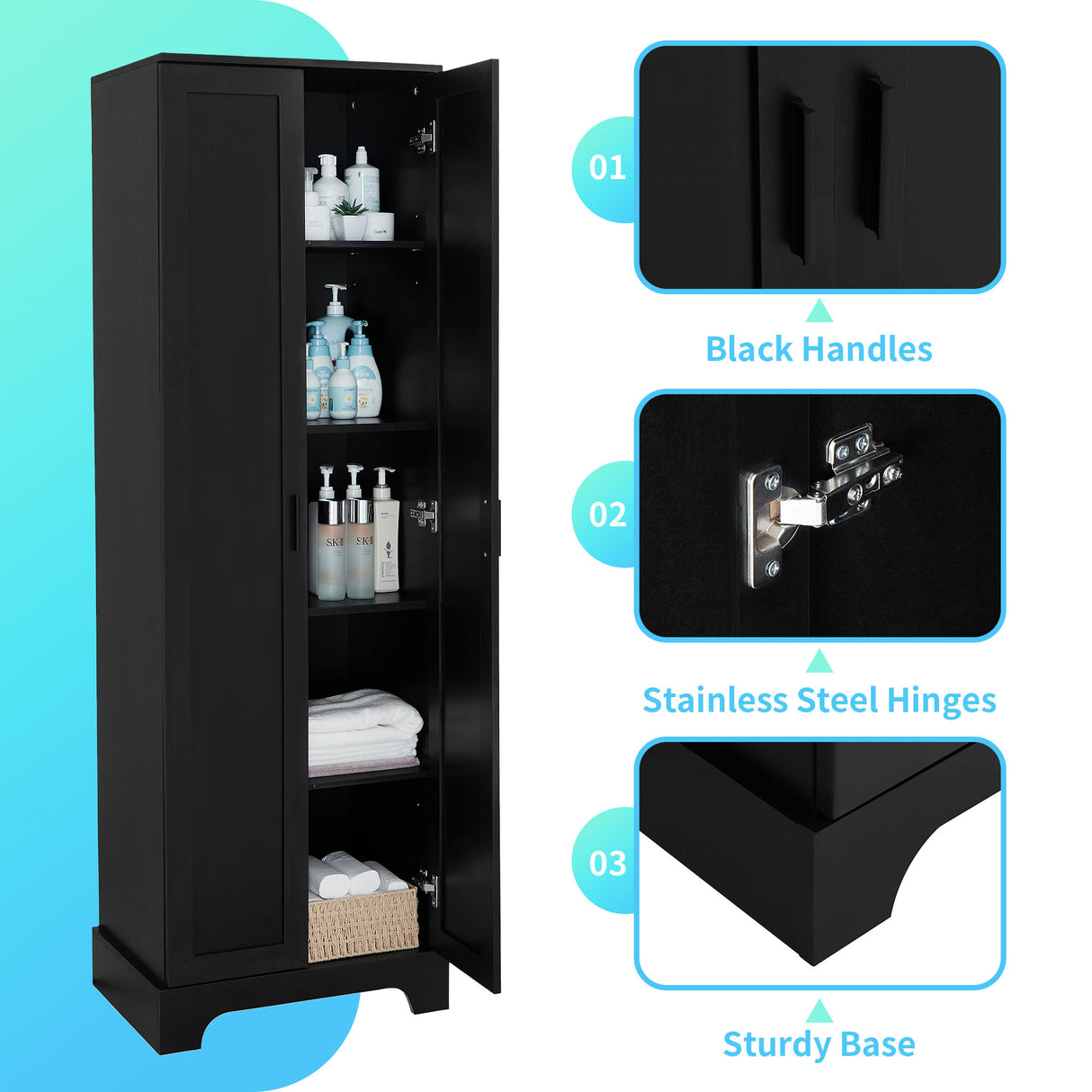 Storage Cabinet with Two Doors for Bathroom, Office, Adjustable Shelf, MDF Board, Black - V.I.P Digital Presence