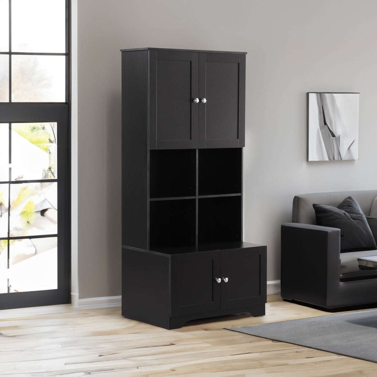 Bathroom storage cabinet, 4-door independent cabinet, adjustable shelf, open multi-layer shelf, black - V.I.P Digital Presence