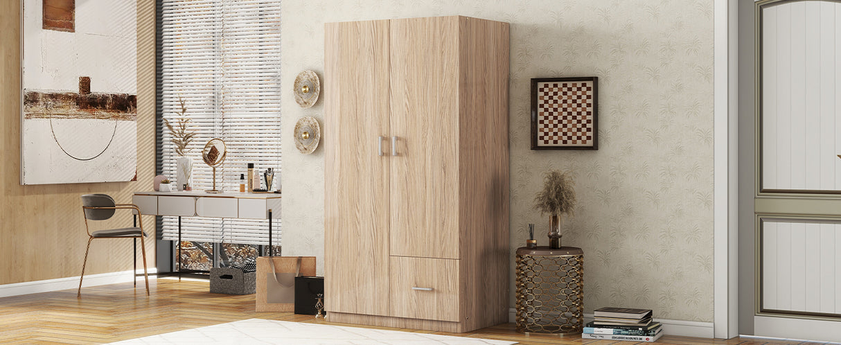Wooden Wardrobe with Double Doors, Armoire with Hanging Rod, 5 Fixed Shelves, One Storage Drawer,Natural - V.I.P Digital Presence
