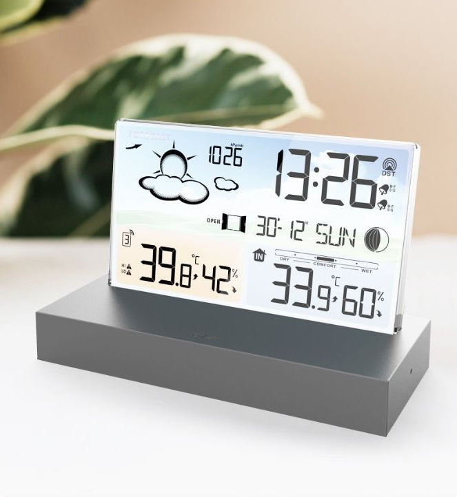Transparent glass weather clock 3396C color screen RF wireless multi function weather forecast electronic alarm clock - V.I.P Digital Presence