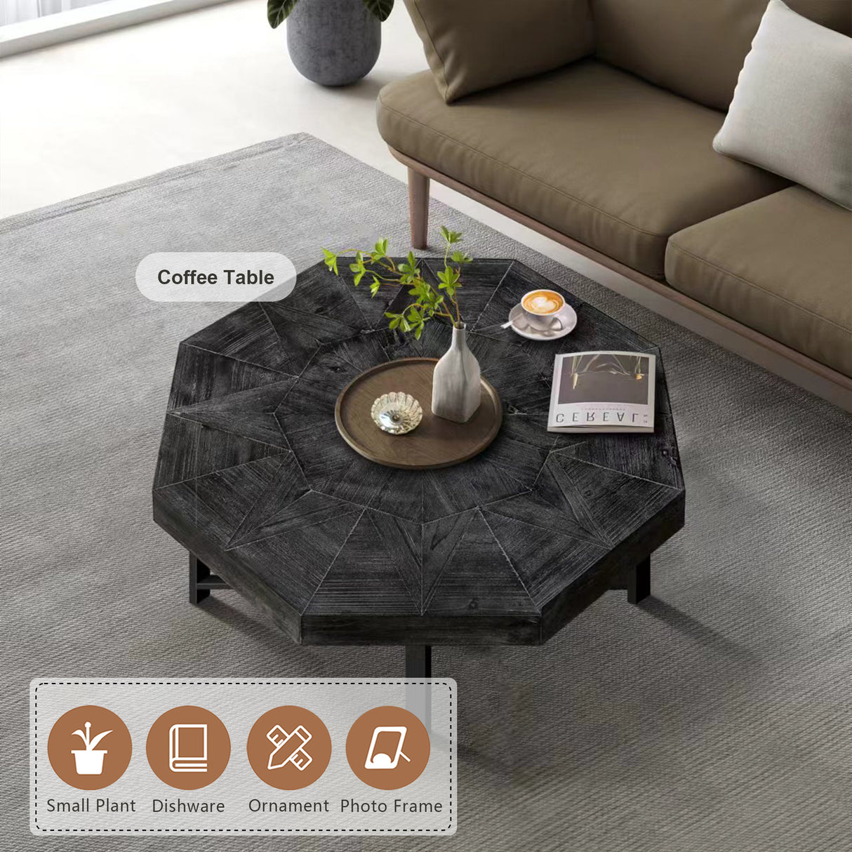 Wooden octagonal retro patchwork craft 30 inch wooden tabletop cross metal leg coffee table (Antique Black) - V.I.P Digital Presence