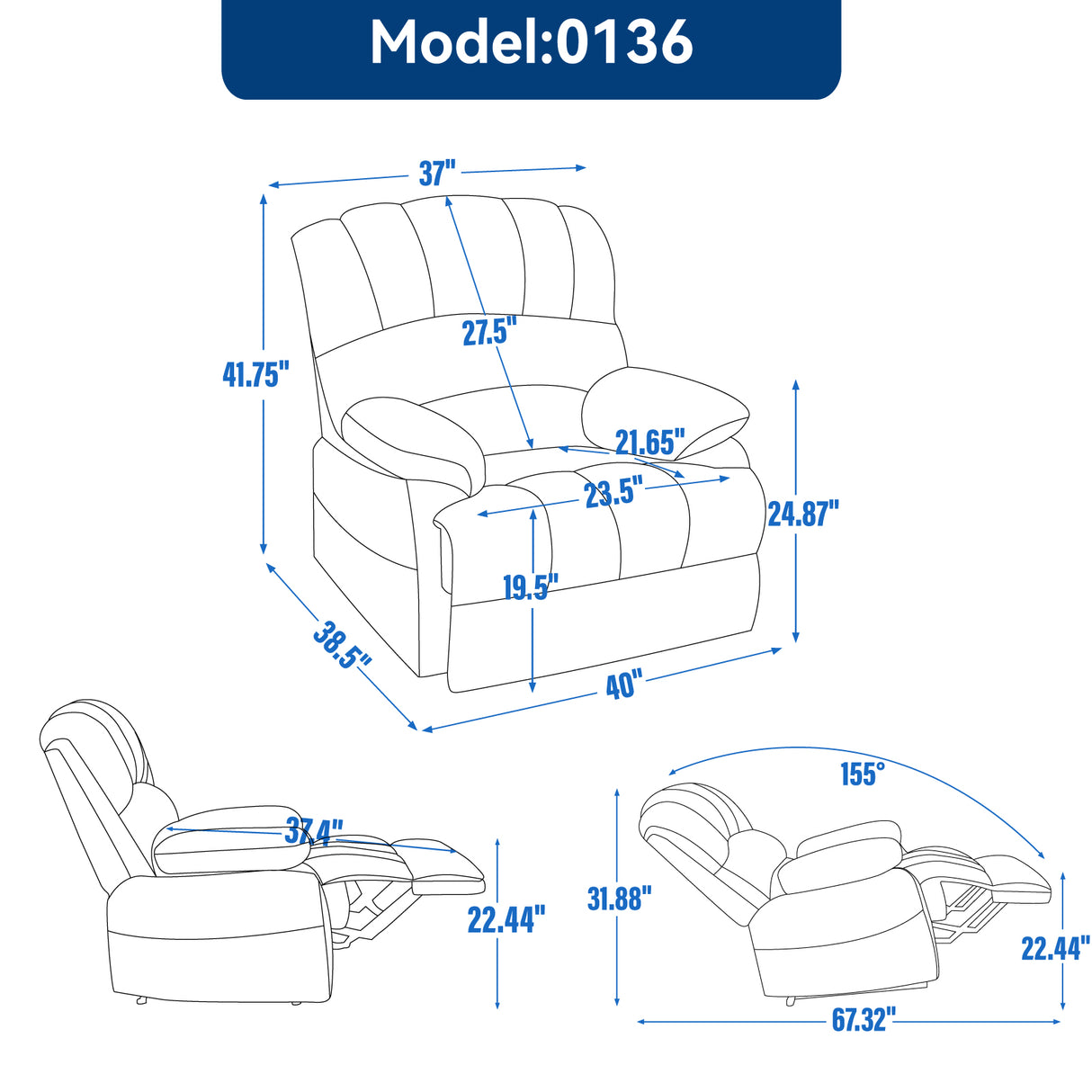 Large Manual Recliner Chair in Fabric for Living Room, Grey - V.I.P Digital Presence