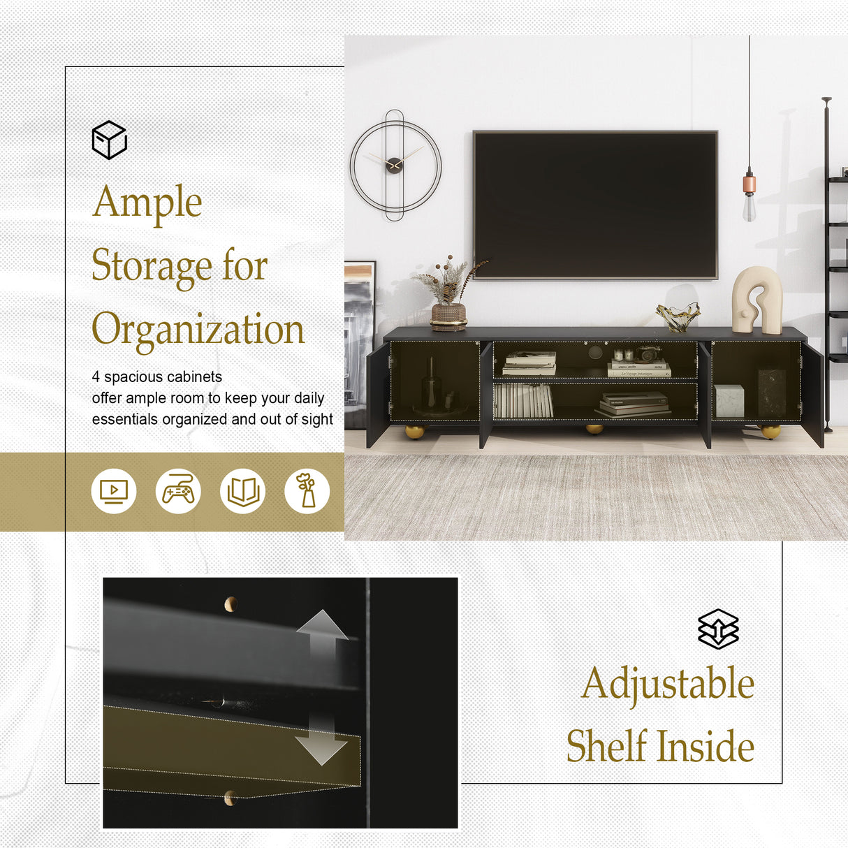 U-Can modern TV stand is suitable for TVs under 75 inches and comes with a storage cabinet top marble pattern and circular stand - V.I.P Digital Presence