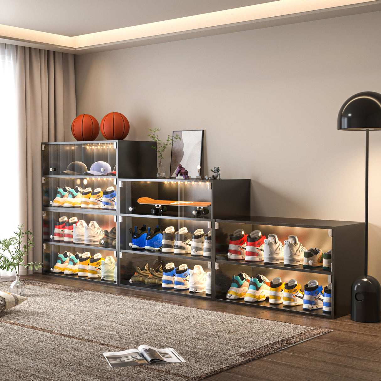 Black Glass Door Shoe Box Shoe Storage Cabinet For Sneakers With RGB Led Light - V.I.P Digital Presence
