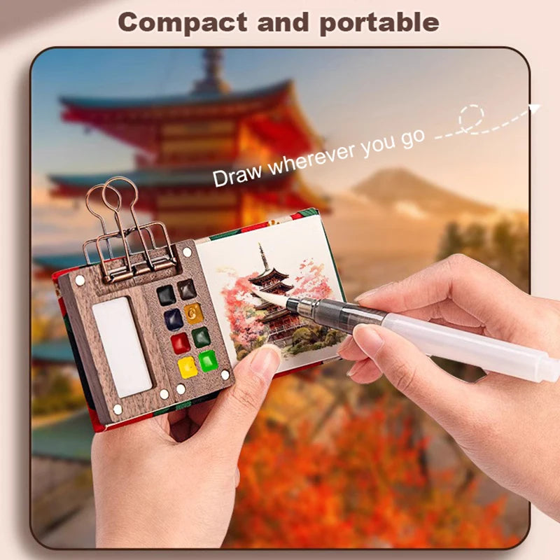 Mini watercolor paint box and small notebook Mingke 8-color wooden box mini drawing board solid watercolor painting - V.I.P Digital Presence
