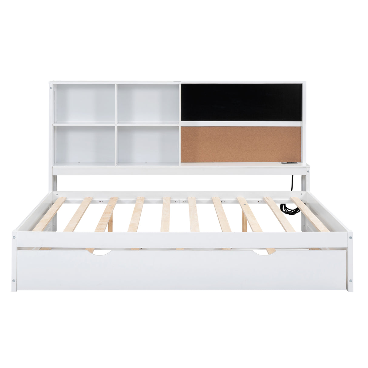 Full Size Daybed with Storage Shelves, Blackboard, Cork board, USB Ports and Twin Size Trundle White