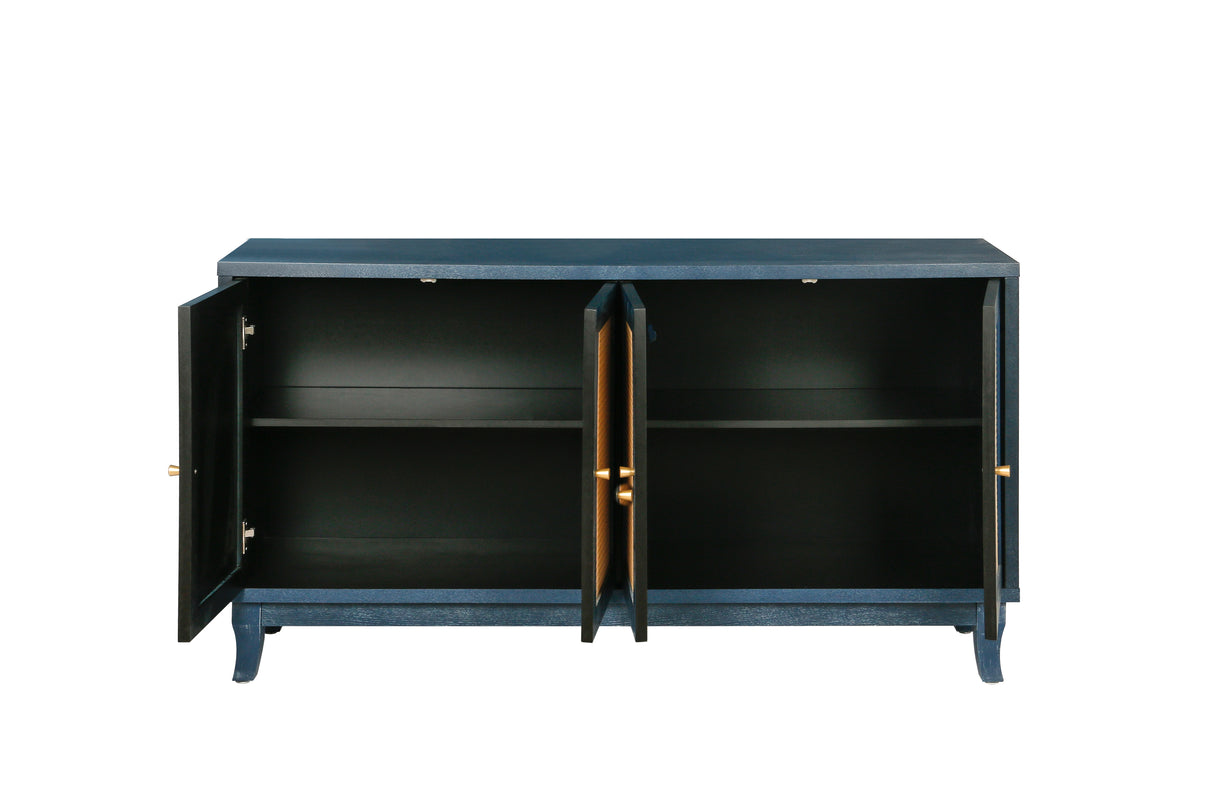 Handcrafted Premium Grain Panels Rattan Sideboard Buffer Cabinet Accent Storage Cabinet With 4 Rattan Doors BLUE - V.I.P Digital Presence