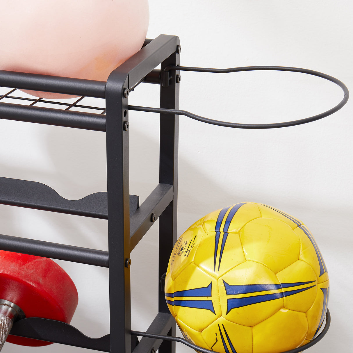Four layer metal storage rack, large ball storage rack with rollers, baskets, and hooks - V.I.P Digital Presence