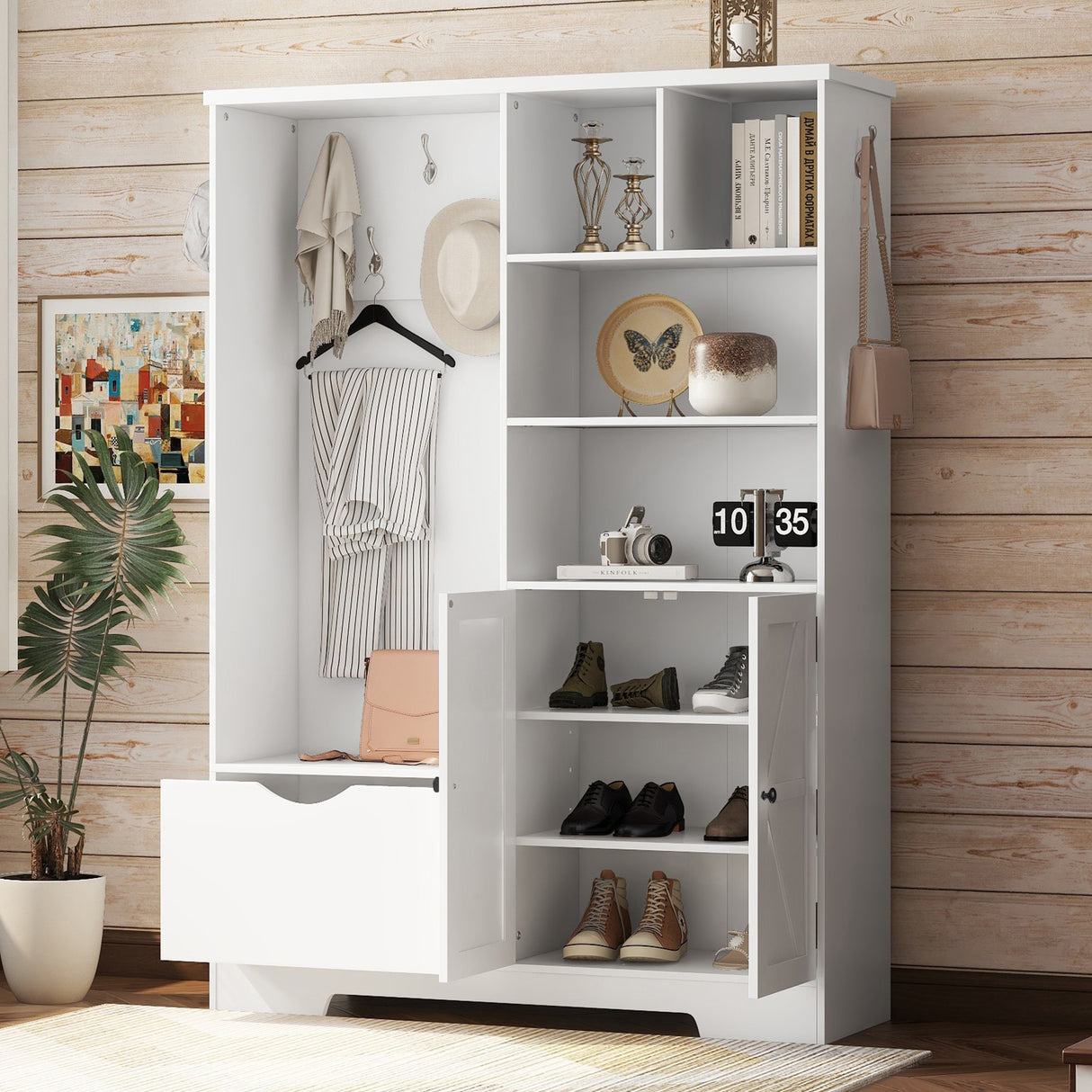 Multi-functional Hall Tree with Storage Shelves Drawers Cabinet Elegant Hallway Shoe Cabinet with Bench Modern Coat Rack White - V.I.P Digital Presence