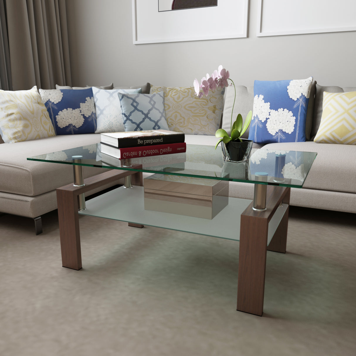 Rectangle Walnut Glass Coffee Table, Clear Coffee Table, Modern Side Center Tables for Living Room, Living Room Furniture - V.I.P Digital Presence