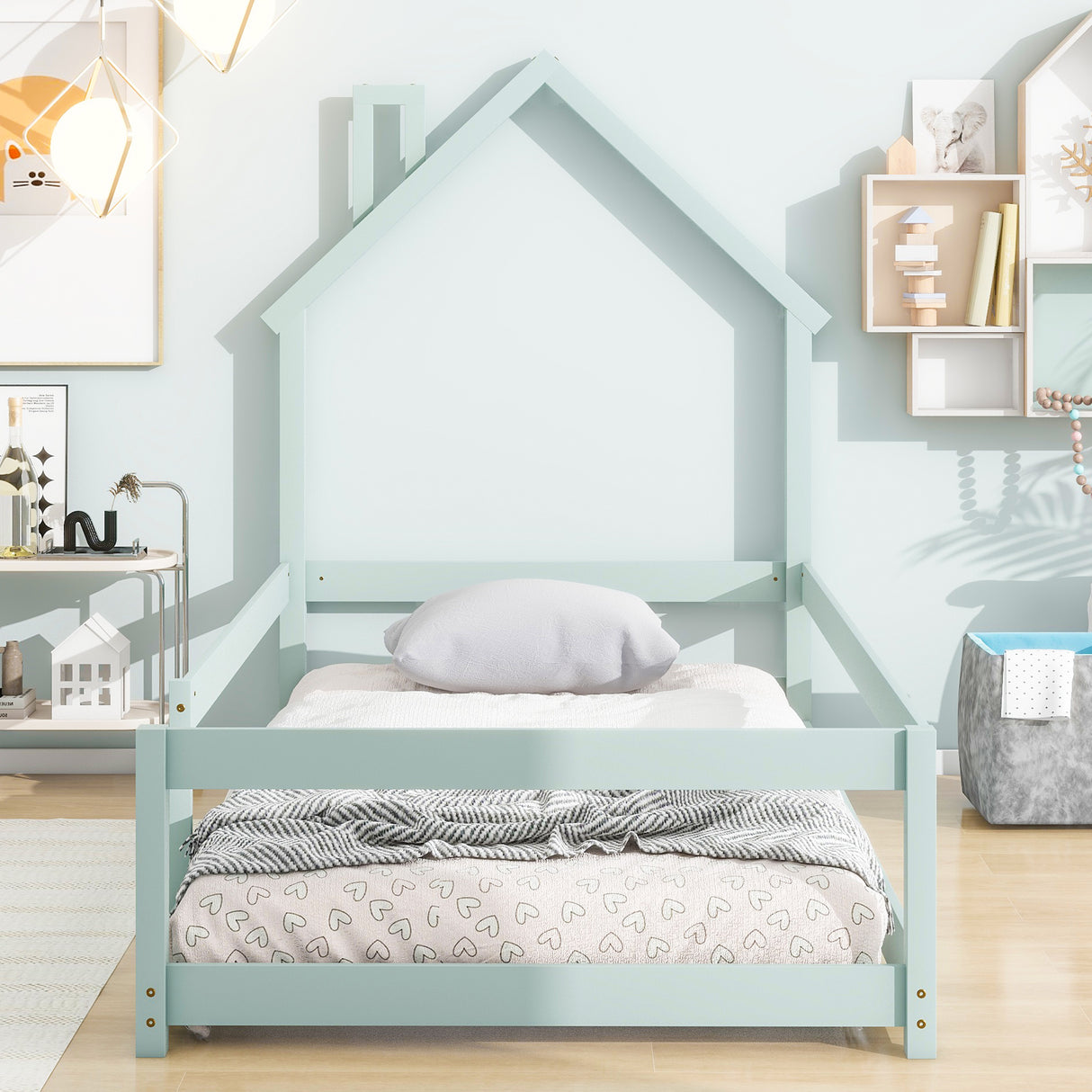 Twin Size Wood bed with House-shaped Headboard Floor bed with Fences,Light Green - V.I.P Digital Presence