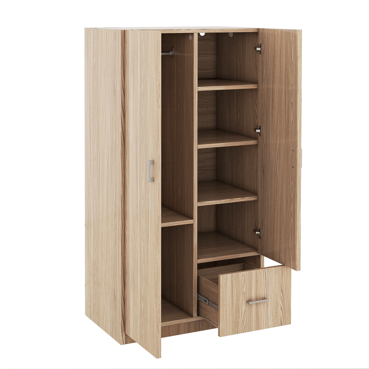 Wooden Wardrobe with Double Doors, Armoire with Hanging Rod, 5 Fixed Shelves, One Storage Drawer,Natural - V.I.P Digital Presence