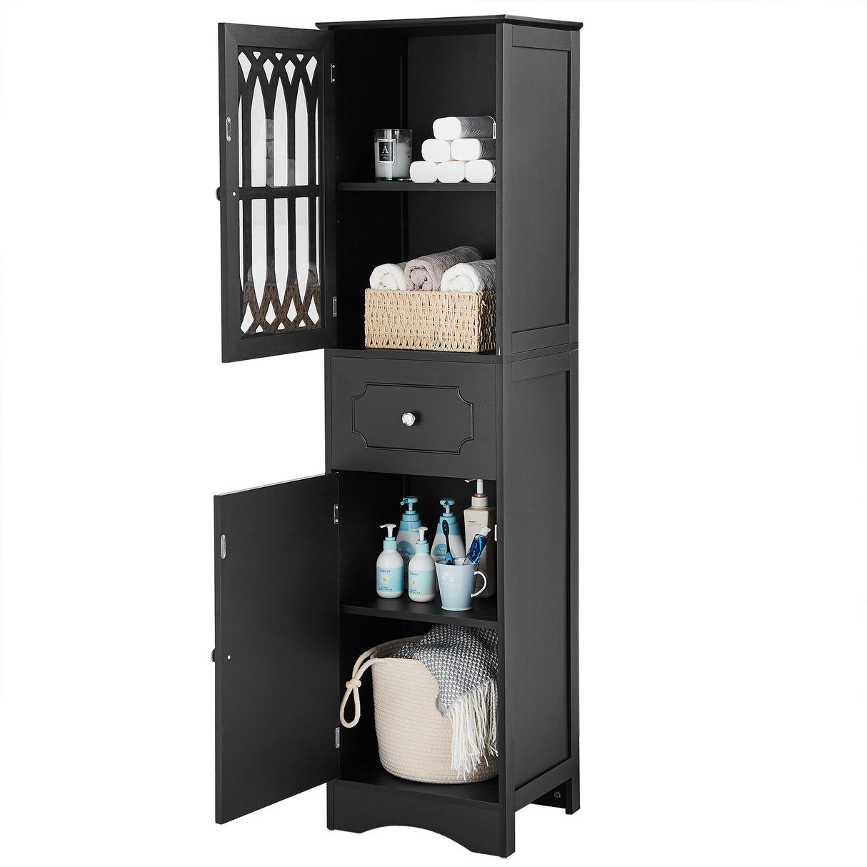 Tall Bathroom Cabinet, Freestanding Storage Cabinet with Drawer and Doors, MDF Board, Acrylic Door, Adjustable Shelf, Black - V.I.P Digital Presence