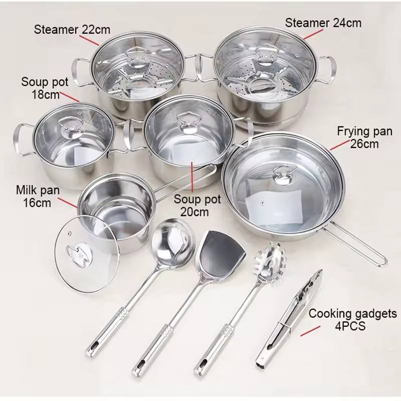 Stainless steel cookware set of 18 pieces household kitchen set soup pot set 16-26cm cutlery set pot set - V.I.P Digital Presence