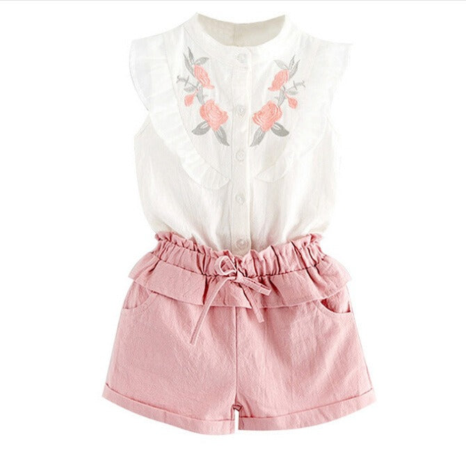 INS Children's Clothing Girls Embroidered Flowers Ruffled Lace Sleeveless Shirt Two-Color Shorts Set - V.I.P Digital Presence