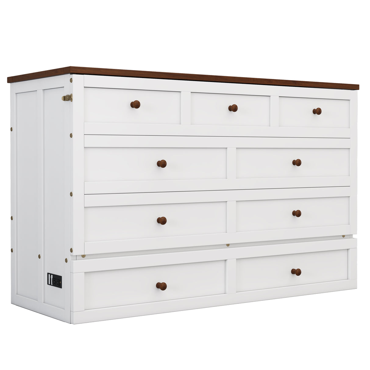 Solid Pine Murphy Bed Chest with Charging Station and Large Storage Drawer for Home Office or Small Room , Queen, White+Walnut - V.I.P Digital Presence