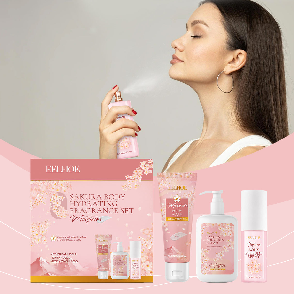 Set de cuidado corporal Cherry Blossom, agua limpiadora suave con fragancia hidratante y nutritiva para la piel.
