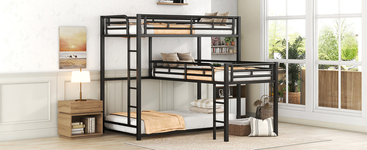 L-shaped Metal Triple Twin Size Bunk Bed, Black - V.I.P Digital Presence
