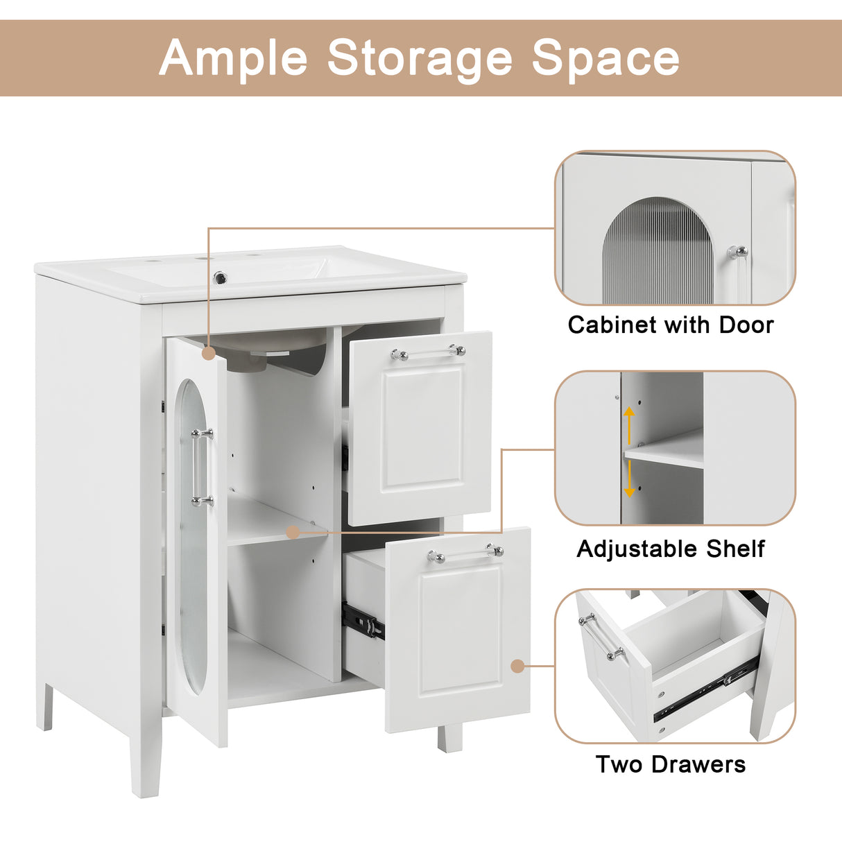 24" Bathroom Vanity with Sink, Bathroom Vanity Cabinet with Two Drawers and Door, Adjustable Shelf, Solid Wood and MDF, White - V.I.P Digital Presence