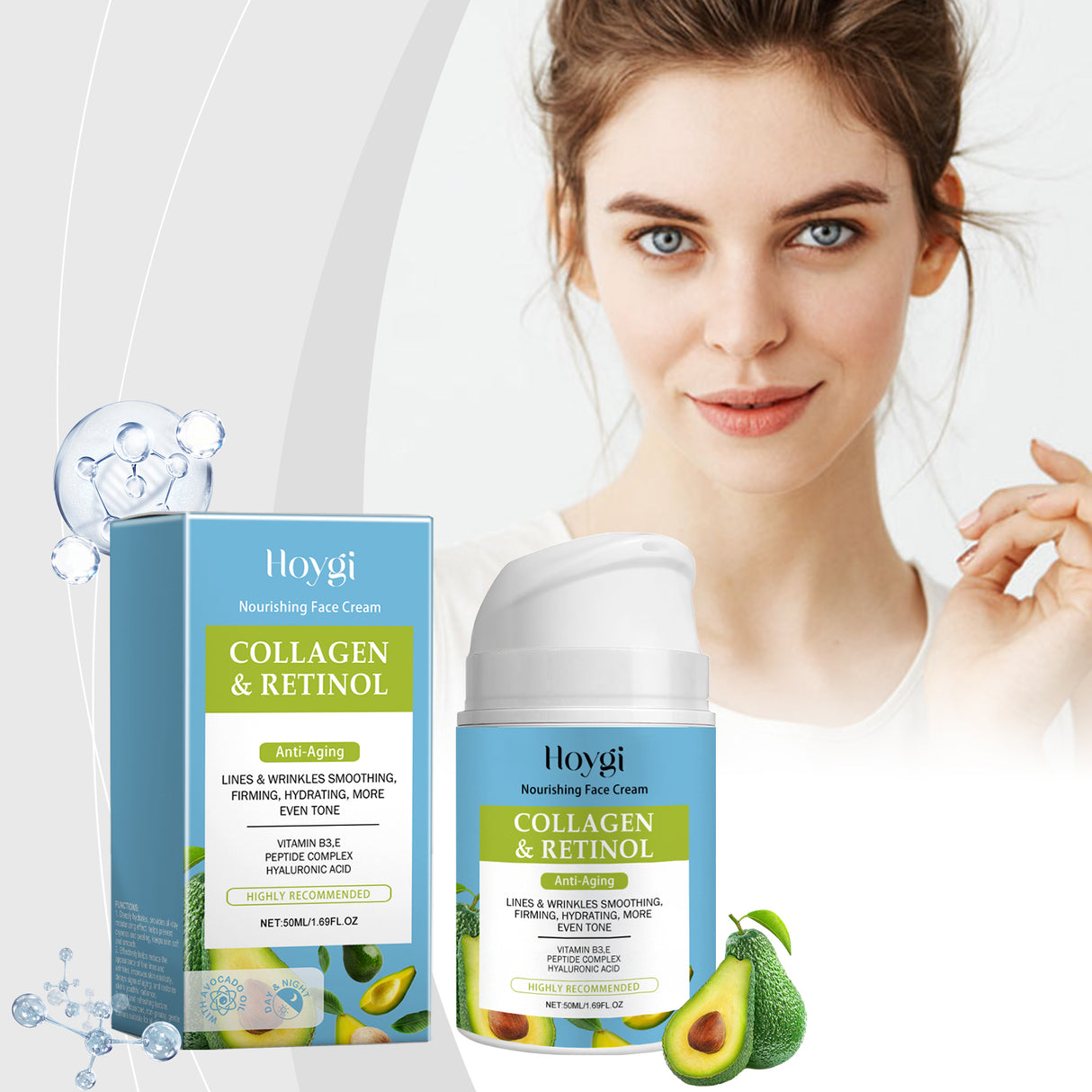 El humectante facial de colágeno hidrata y humecta la piel del rostro con una crema humectante suave que reduce las líneas finas.