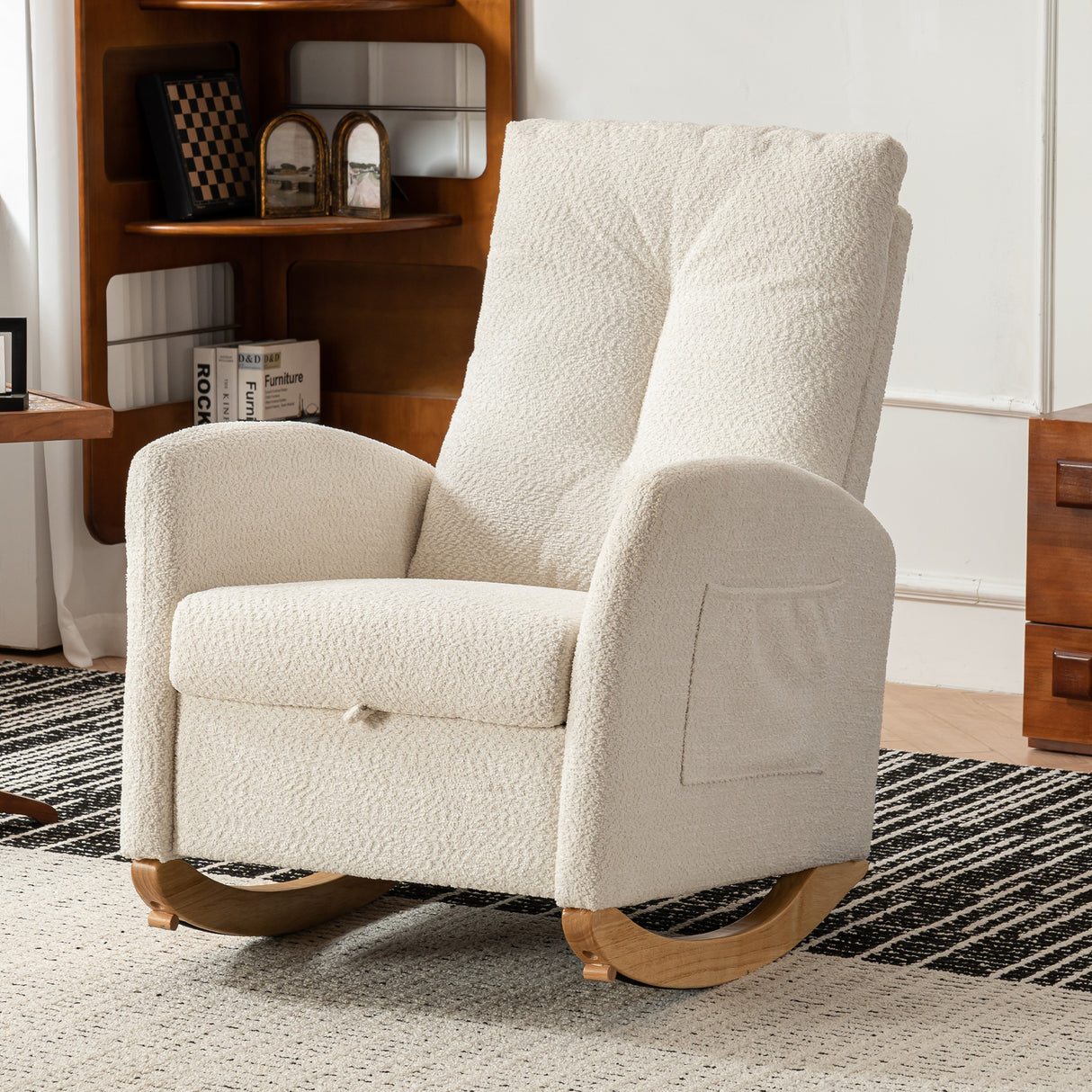 Accent Rocking Chair with Footrest High Back Rubber Wood Rocking Legs Bedroom Living Space - V.I.P Digital Presence