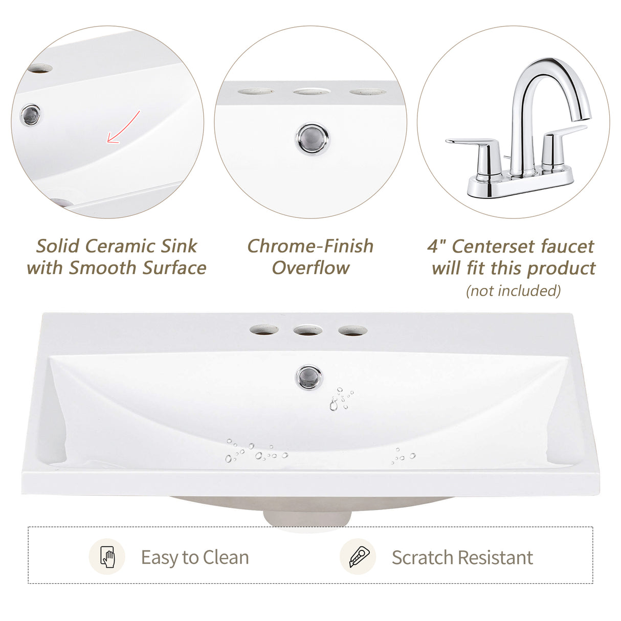 24" Bathroom Vanity Top Only White Basin 3-Faucet Holes 4" Faucet Available Ceramic - V.I.P Digital Presence