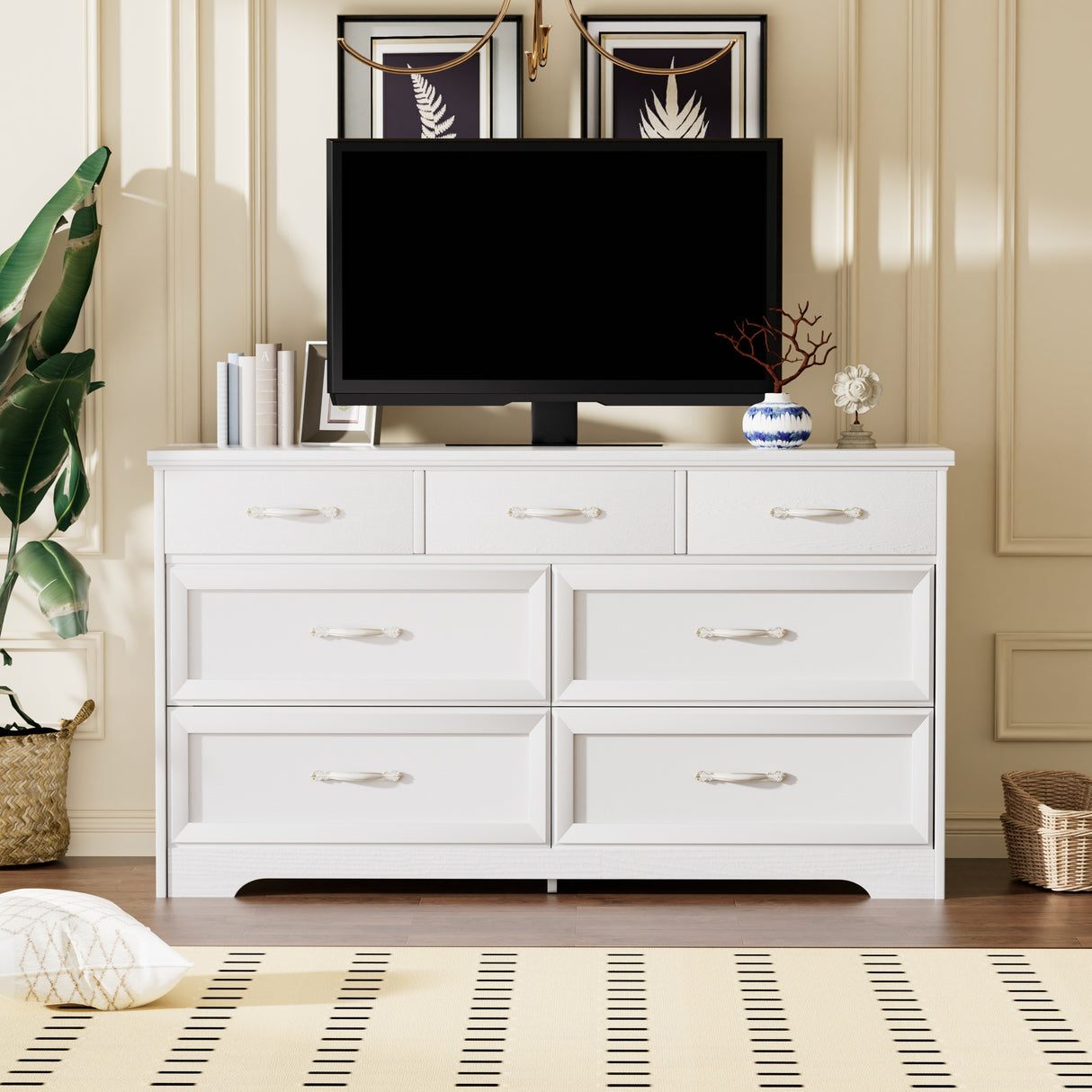 Modern 3 Drawer Bedroom Chest of Drawers with 7 Drawers Dresser Clothes Organizer -Metal Pulls White, 47.6″L x 15.7″W x 26.6″H - V.I.P Digital Presence