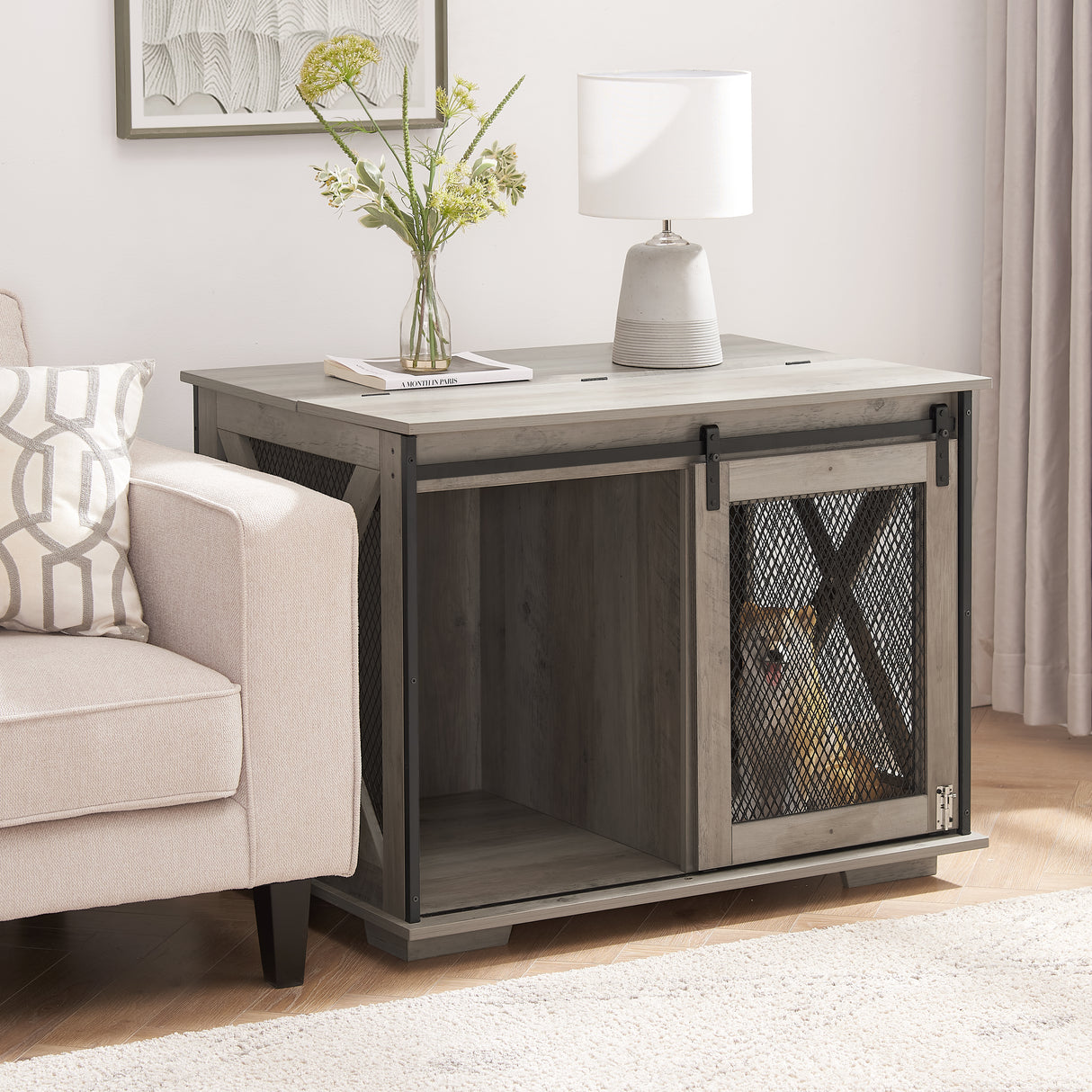Farmhouse Dog Cage Crate Furniture with Sliding Barn Door, Farmhouse Wooden Dog Kennel End Table with Flip-top Plate Dog House - V.I.P Digital Presence
