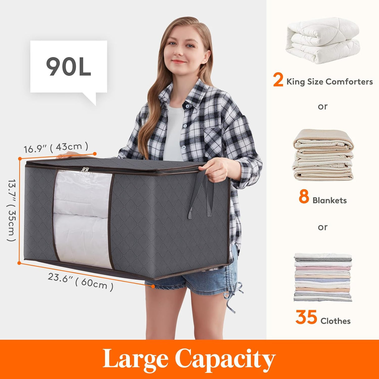 Large capacity clothing storage bag with reinforced handle, thick fabric, foldable, sturdy zipper, 1 set of 3 bags, 90L, gray - V.I.P Digital Presence