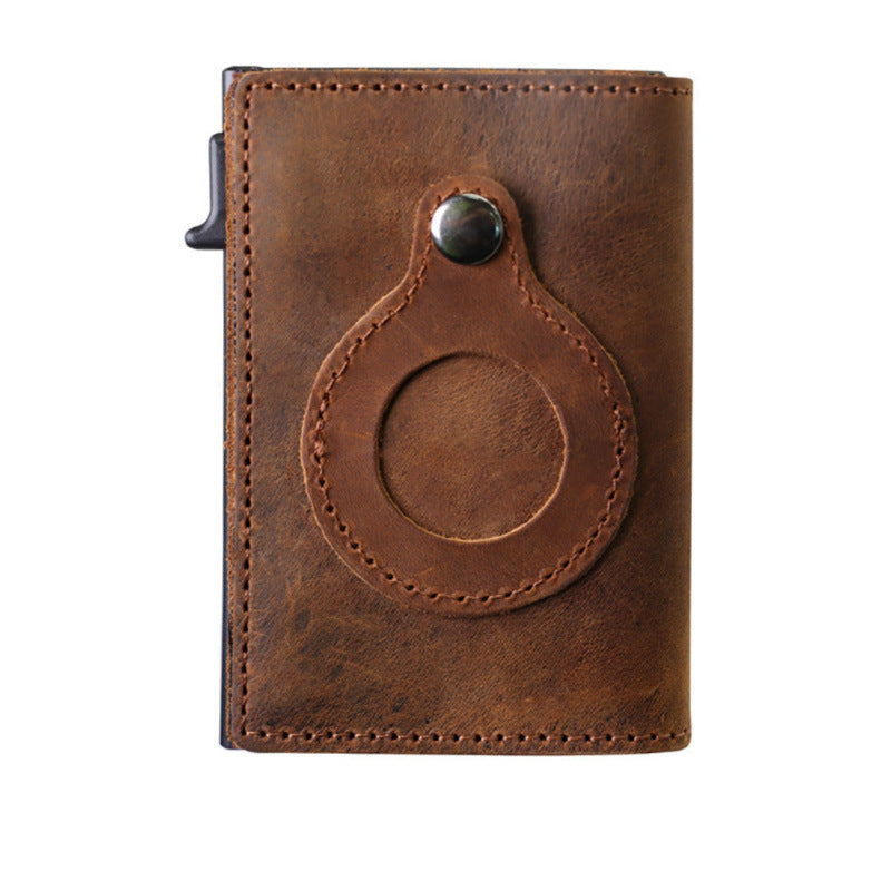 Leather Sliding Wallet Bi-Fold Credit Card Wallet Automatic Pop-Up Card Holder With Air Tag Protective Sleeve - V.I.P Digital Presence