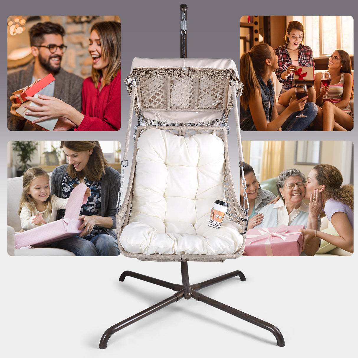 Swing Egg Chair with Stand Indoor Outdoor Wicker Rattan Frame 350lbs Capacity Hammock Chair for Patio Bedroom with Sunshade Clot - V.I.P Digital Presence