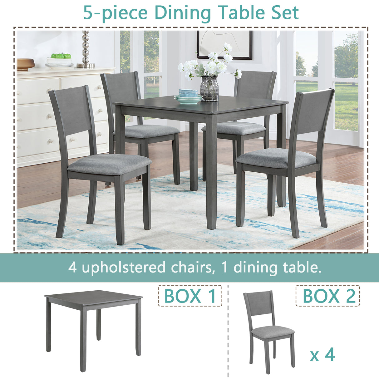 5 Piece Modern Dining Set, Square Wooden Dining Table with 4 Upholstered Chairs for Kitchen, Dining Room, Gray - V.I.P Digital Presence