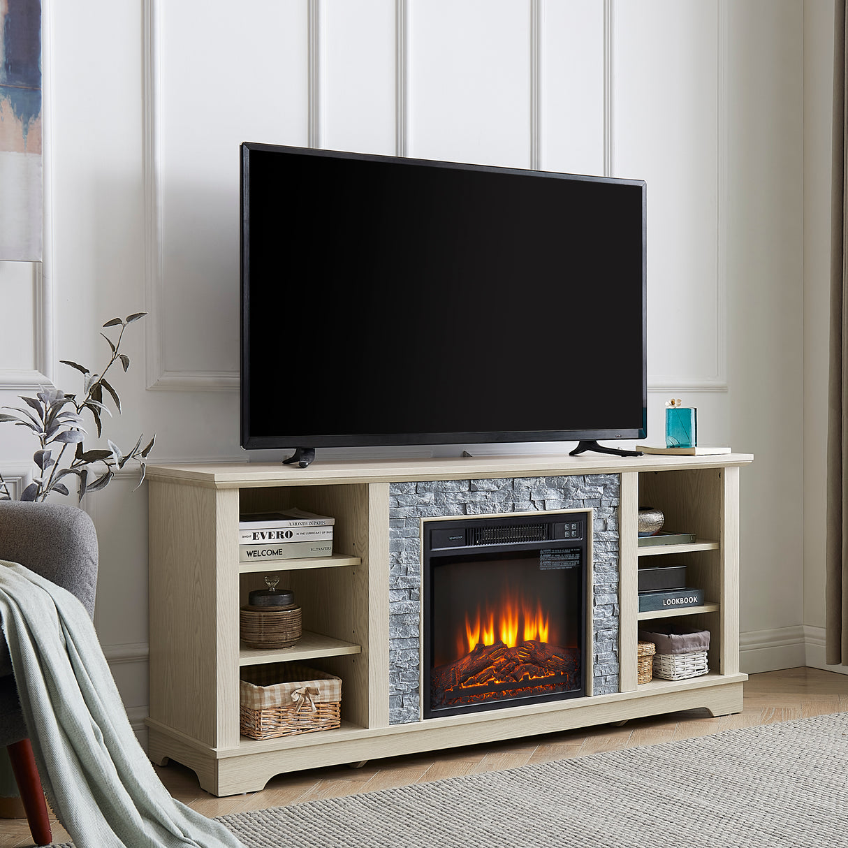 Mantel electric fireplace stone TV media stand, open storage console space, with 18 inch fireplace insert, white - V.I.P Digital Presence