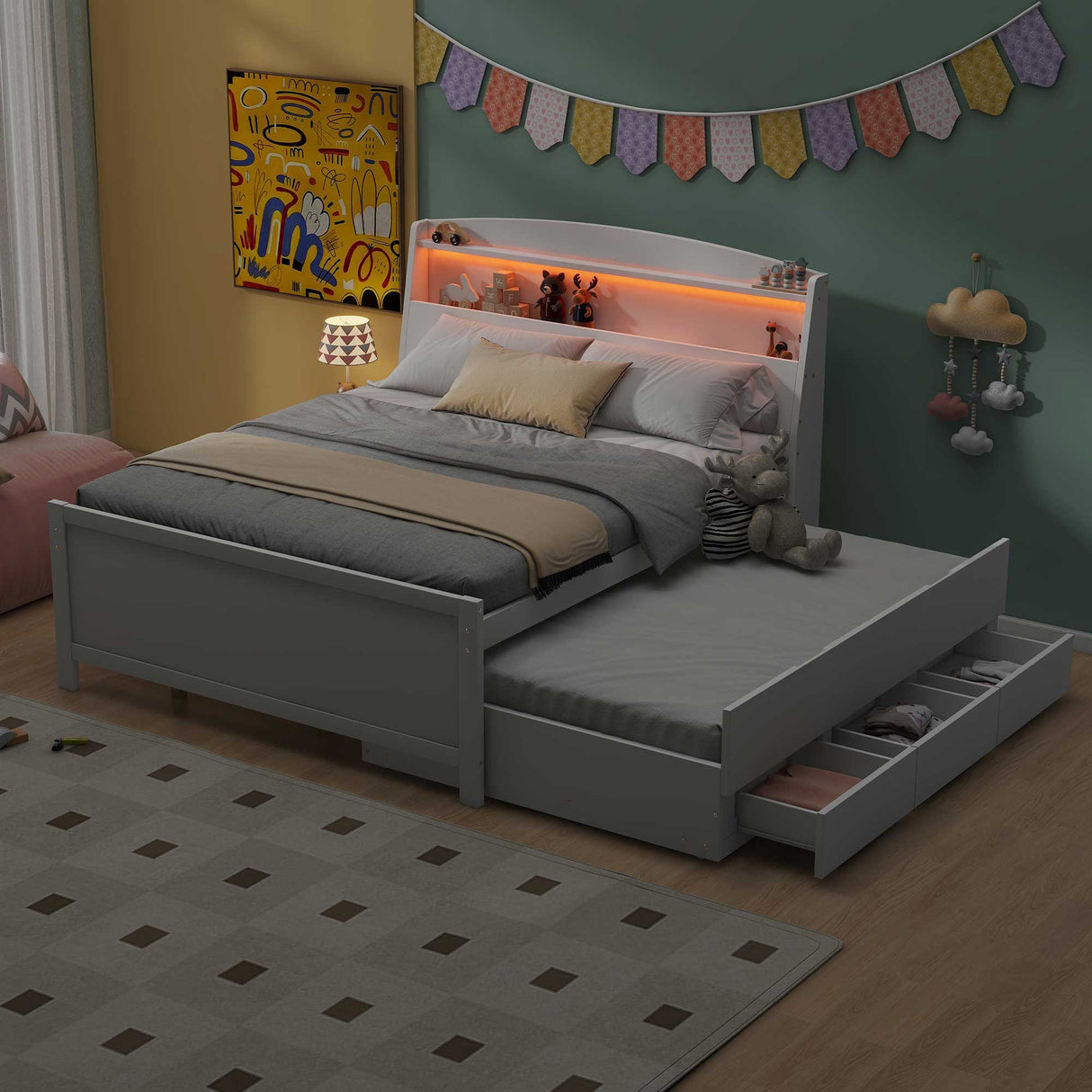 Full Size Platform Bed with Storage LED Headboard Twin Size Trundle and 3 Drawers White