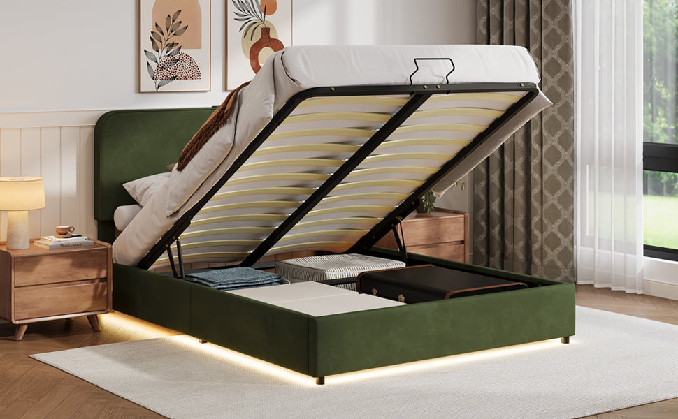 Large hydraulic storage bed with soft cushion lifting storage bed with RGB LED lights, Bluetooth speaker lychee velvet, green - V.I.P Digital Presence