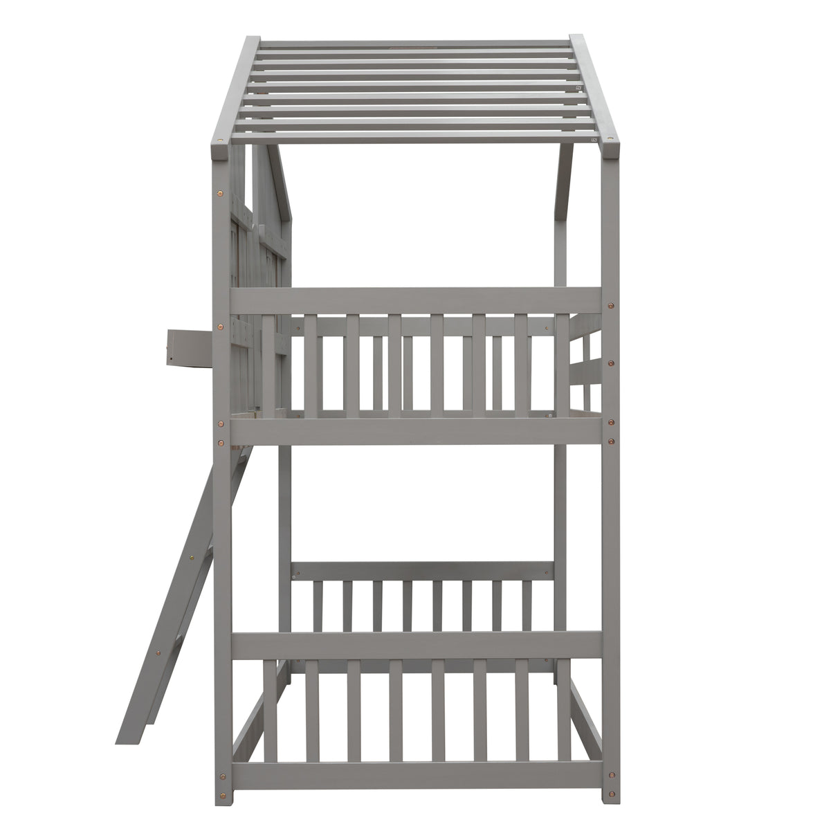 Twin over Twin House Bunk Bed with Roof , Window, Window Box, Door , with Safety Guardrails and Ladder, Grey - V.I.P Digital Presence