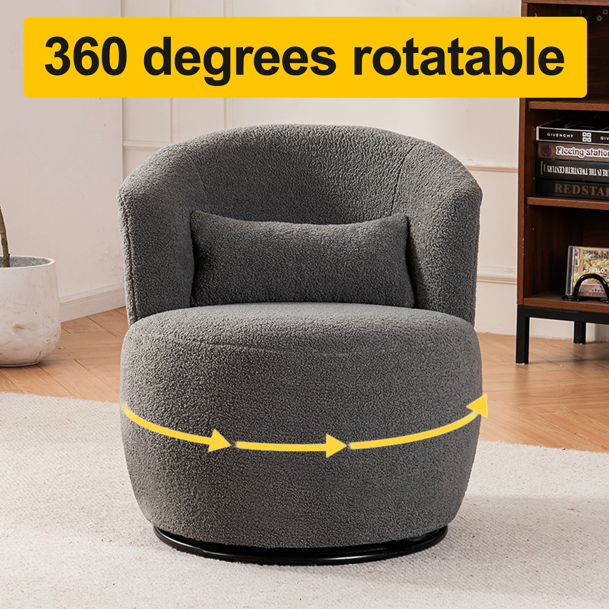 Grey Plush Swivel Accent Chair - Contemporary Round Armchair with 360° Rotation and Metal Base for Living Room Elegance - V.I.P Digital Presence
