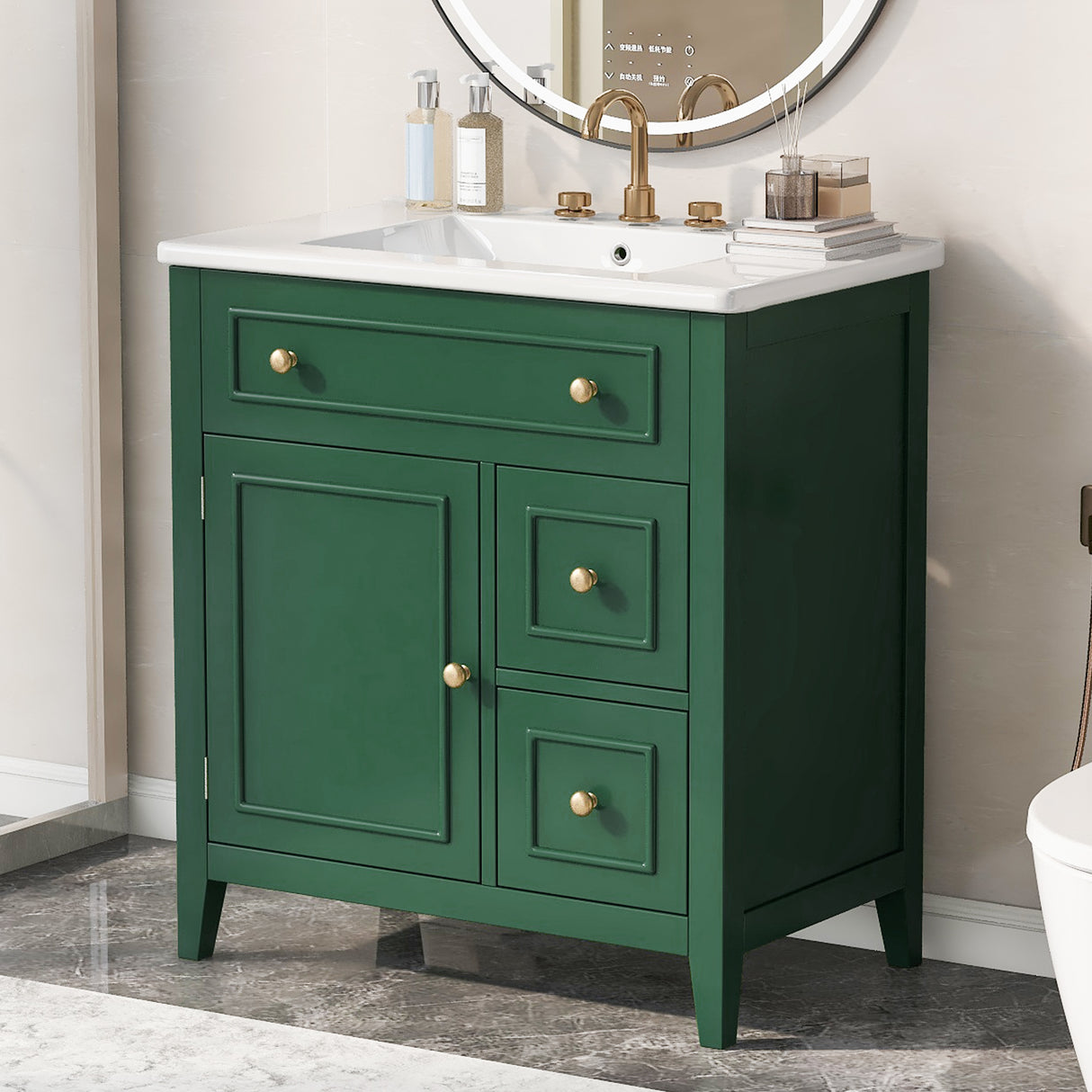 30" Bathroom Vanity with Sink Top, Bathroom Vanity Cabinet with Door and Two Drawers, Solid Wood Frame, One Package, Green - V.I.P Digital Presence