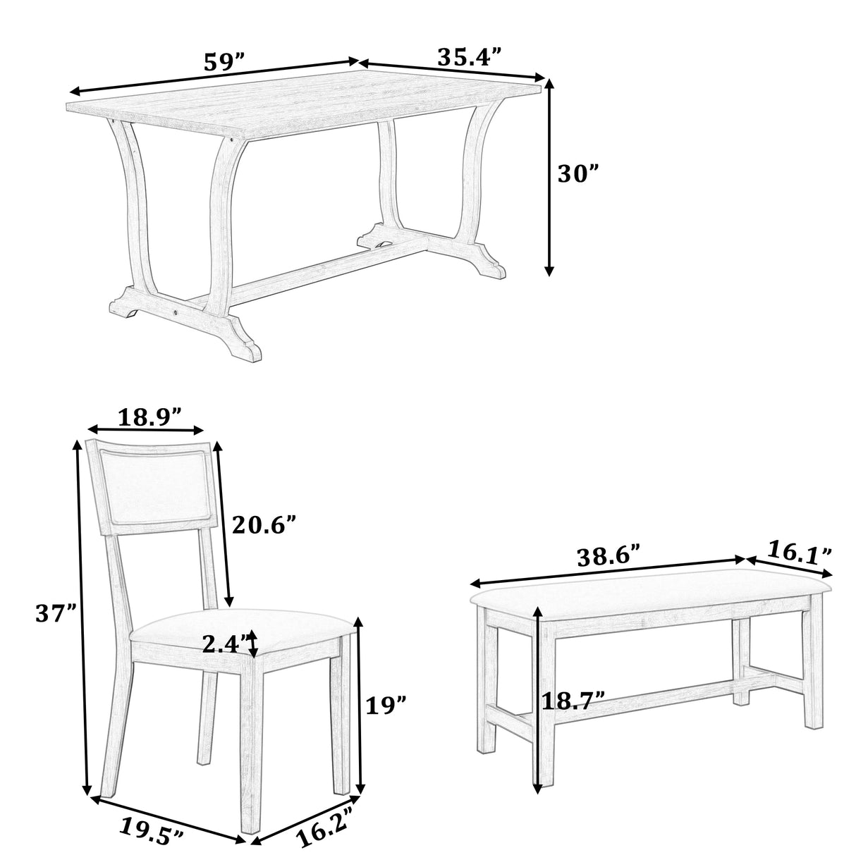 TOPMAX Farmhouse 6-Piece Trestle Dining Table Set with Upholstered Dining Chairs and Bench 59inch, White