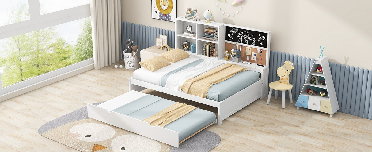 Full Size Daybed with Storage Shelves, Blackboard, Cork board, USB Ports and Twin Size Trundle White