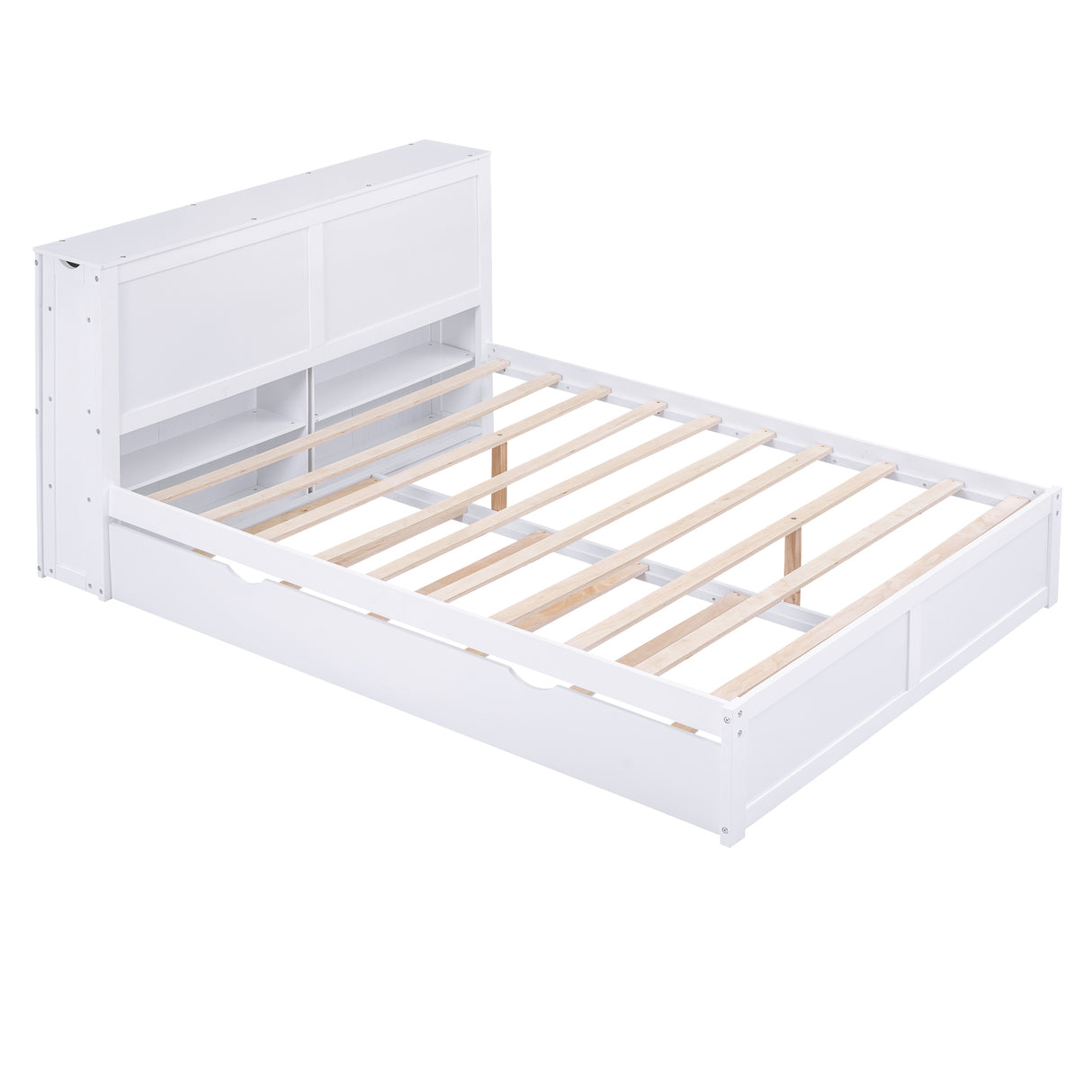 Queen Size Storage Platform Bed with Pull Out Shelves and Twin XL Size Trundle White