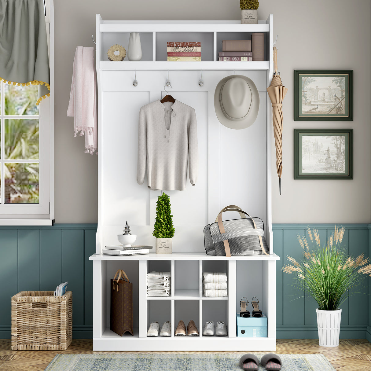 U-Can Hall Tree with 6 Hooks Coat Hanger Entryway Bench Storage Bench (White)