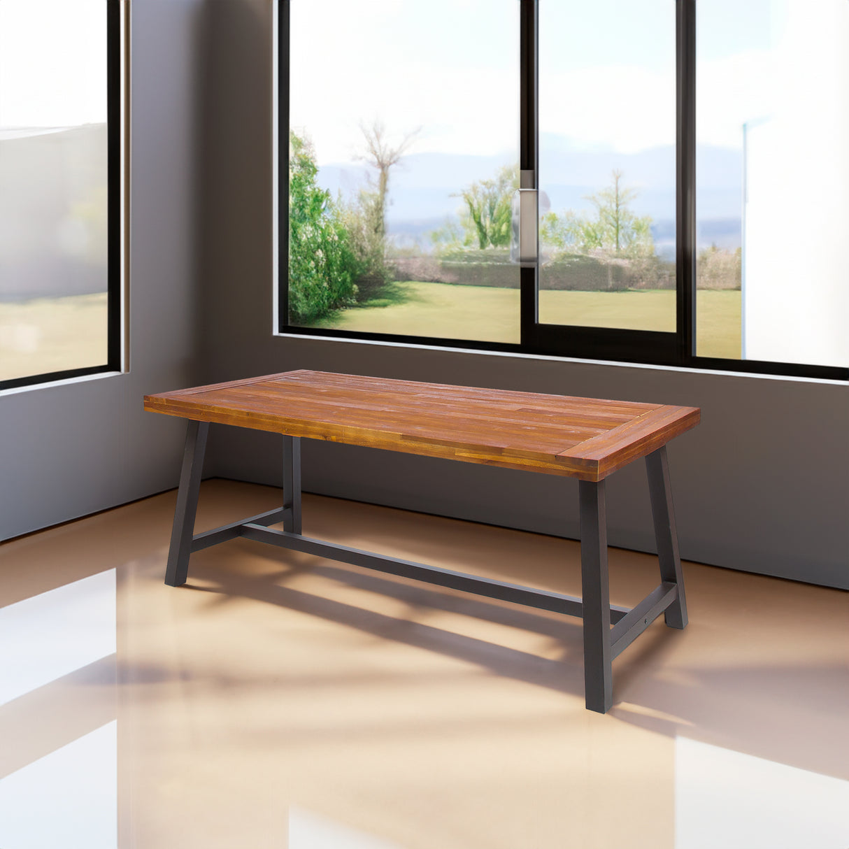 Carlie Outdoor Sandblast Finished Dining Table with Rustic Metal Finished Iron Legs - V.I.P Digital Presence