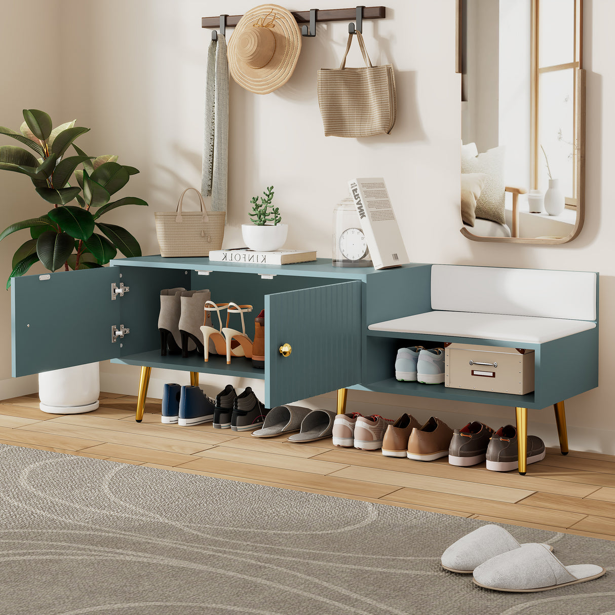 Modern Shoe Storage Bench with Hidden Storage and Upholstered Cushions for Bedside, Living Room and Entryway (Tiffany Blue) - V.I.P Digital Presence