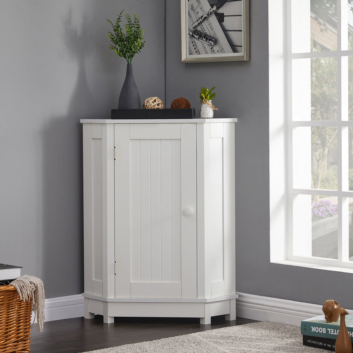 White Bathroom Cabinet Triangle Corner Storage Cabinet with Adjustable Shelf Modern Style MDF Board - V.I.P Digital Presence
