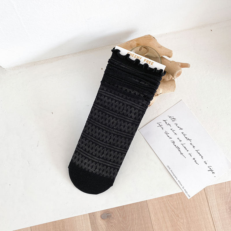 1 pair of socks for women summer thin black middle tube socks Japanese lace ballet style socks mesh breathable pile socks - V.I.P Digital Presence