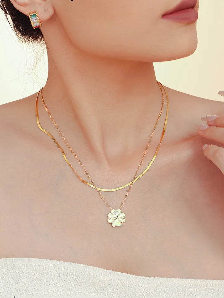 2 Piece 18K Gold-Plated Inlaid Zircon Lucky Clover Necklace - V.I.P Digital Presence