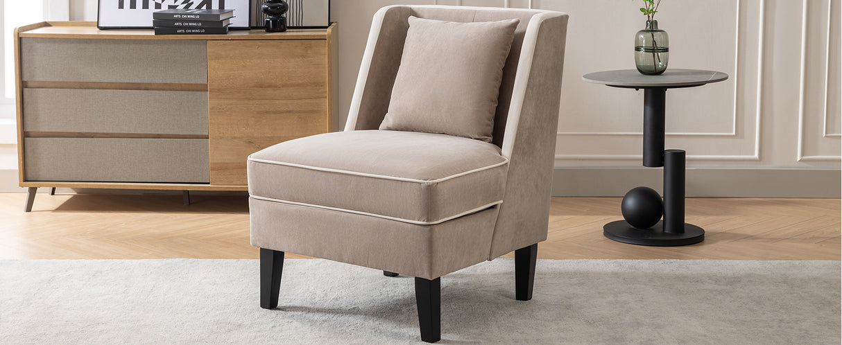 Velvet Upholstered Accent Chair with Cream Piping, Tan and Cream - V.I.P Digital Presence