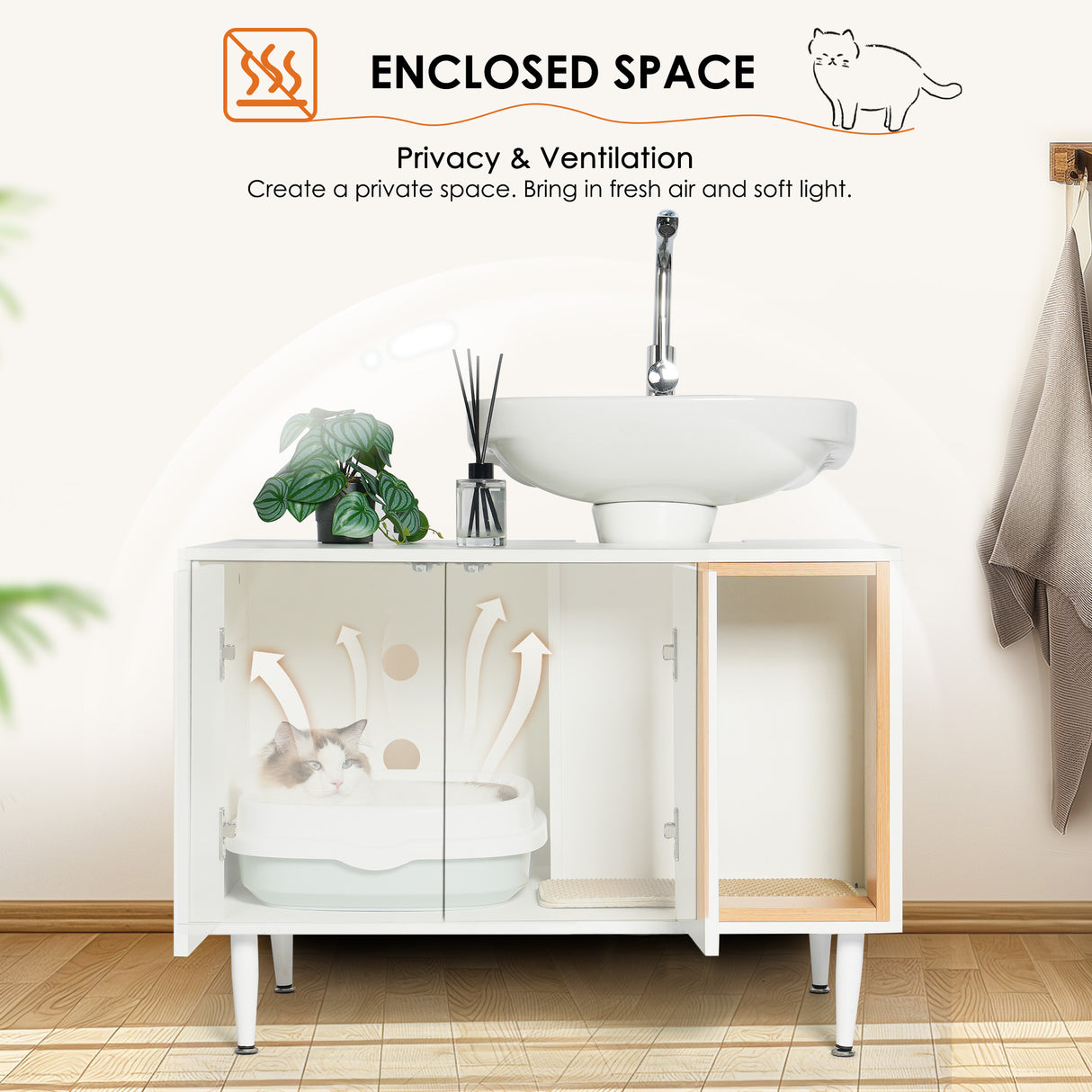 Bathroom sink cabinet, with cat trash can shell, hidden garbage pet bathroom, with partition, wooden cabinet furniture, white - V.I.P Digital Presence