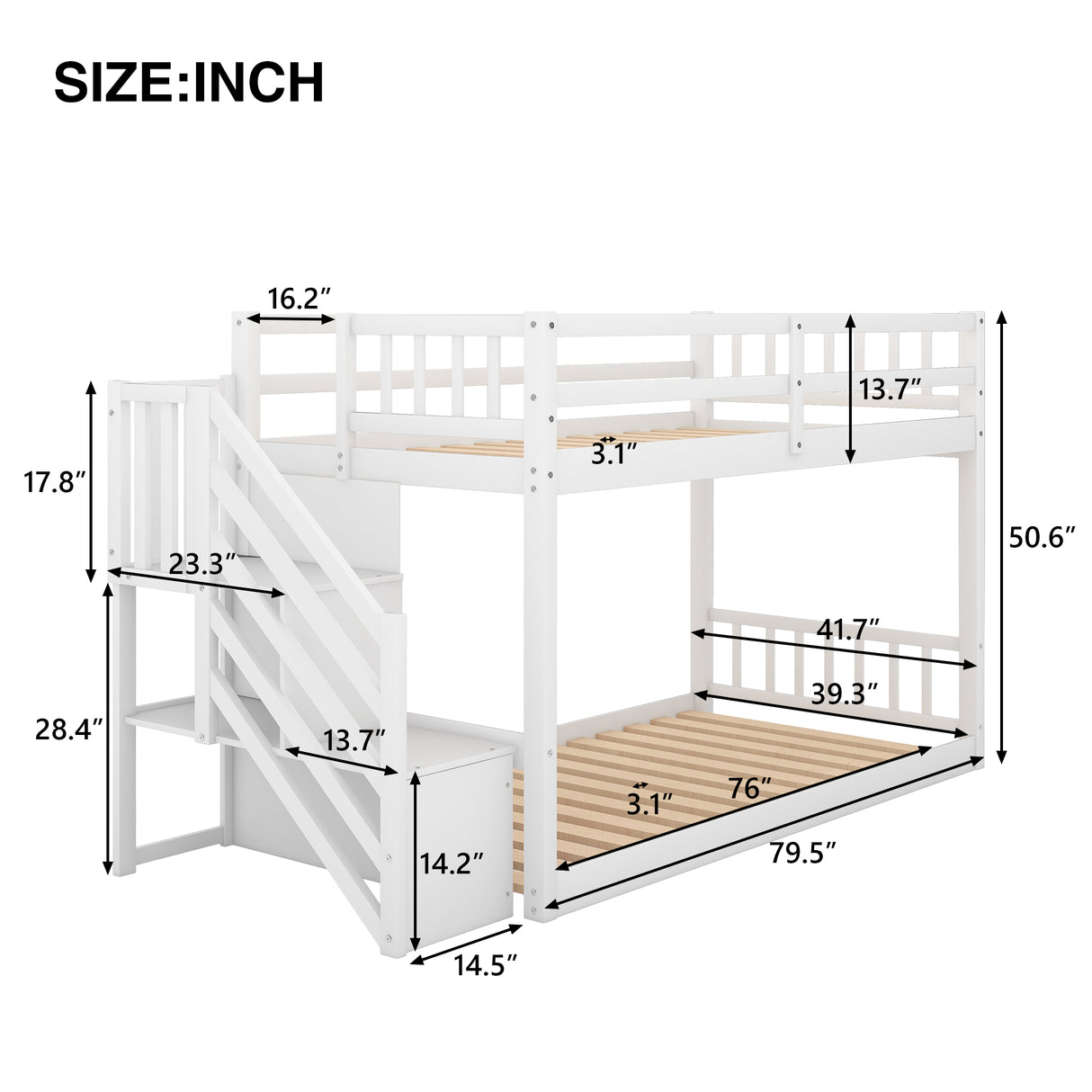 Twin over Twin Floor Bunk Bed, Ladder with Storage White